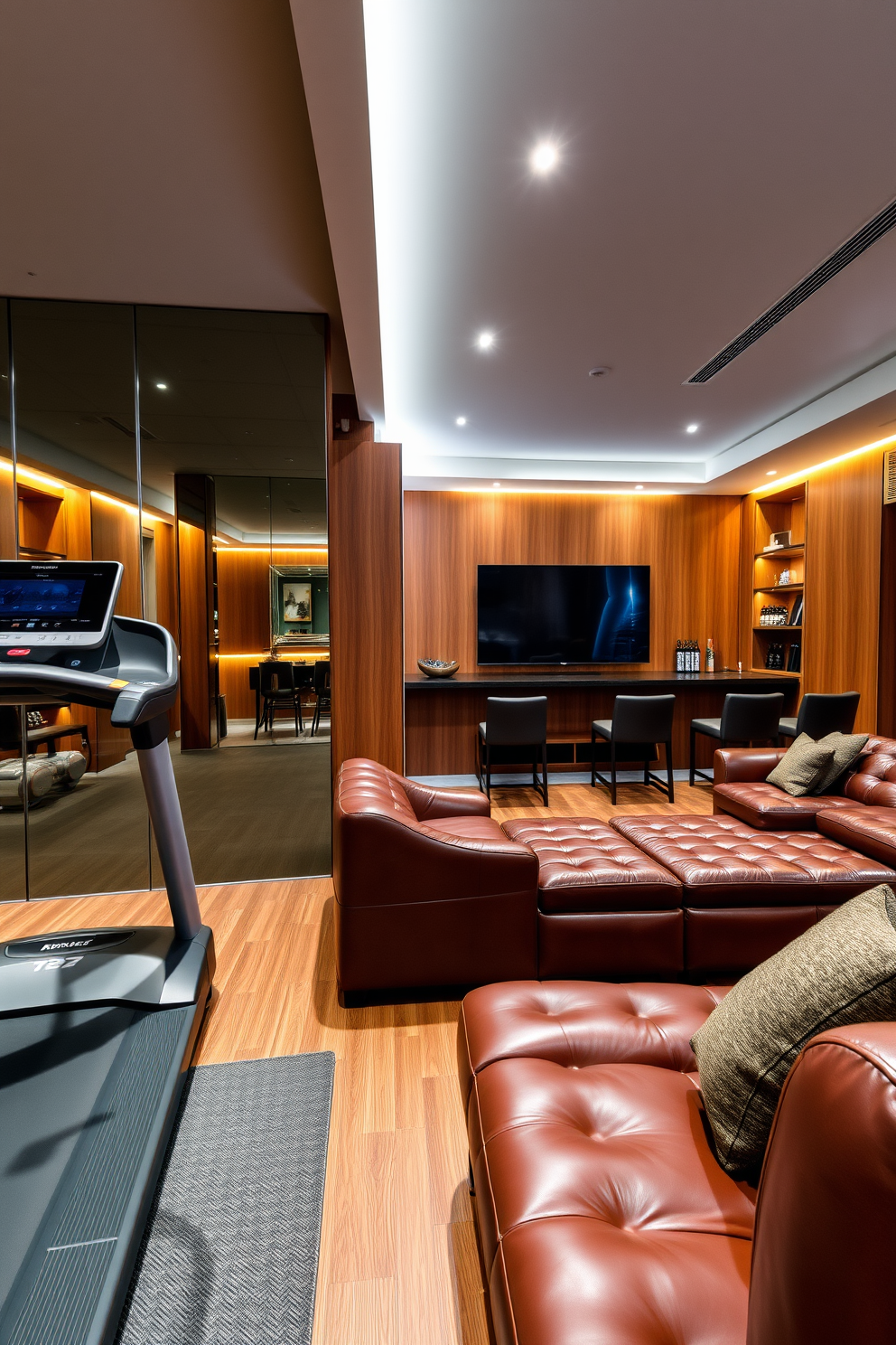 A personal gym featuring high-end equipment. The space includes a state-of-the-art treadmill and a weightlifting station, surrounded by mirrored walls and soft ambient lighting. A luxury man cave designed for relaxation and entertainment. The room boasts a plush leather sectional sofa, a large flat-screen TV mounted above a sleek bar area, and warm wood accents throughout.