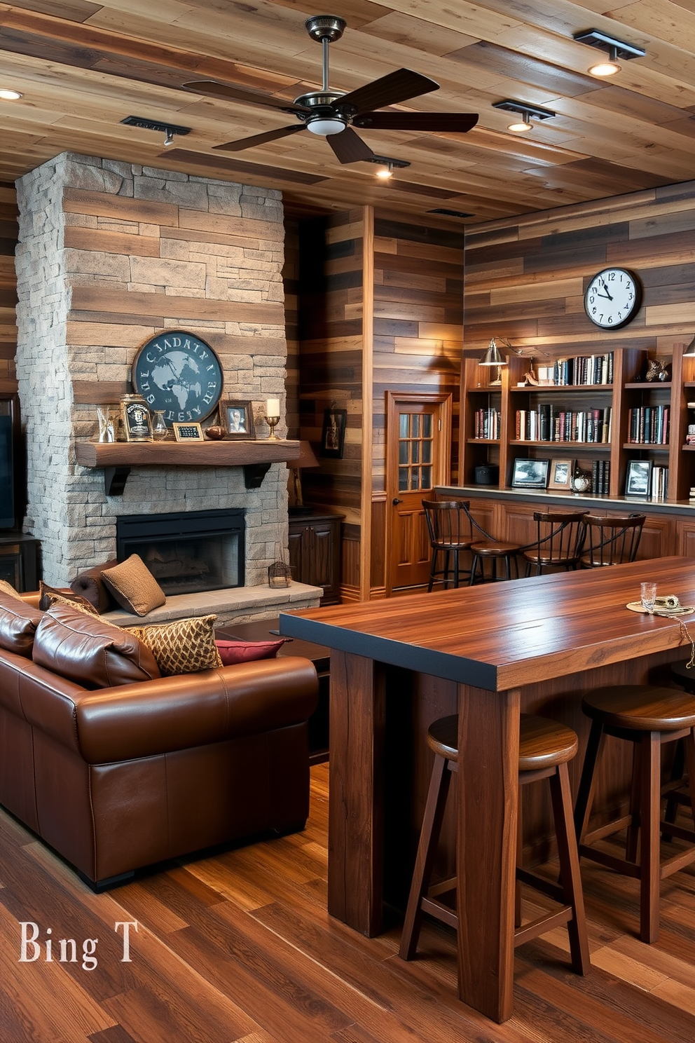 A cozy luxury man cave featuring rustic wood accents throughout the space. The walls are adorned with reclaimed wood paneling, and a large leather sectional sofa is centered around a stone fireplace. A handcrafted wooden bar with high stools invites relaxation and socializing. Vintage decor items like old sports memorabilia and wooden shelves filled with books add character to the room.