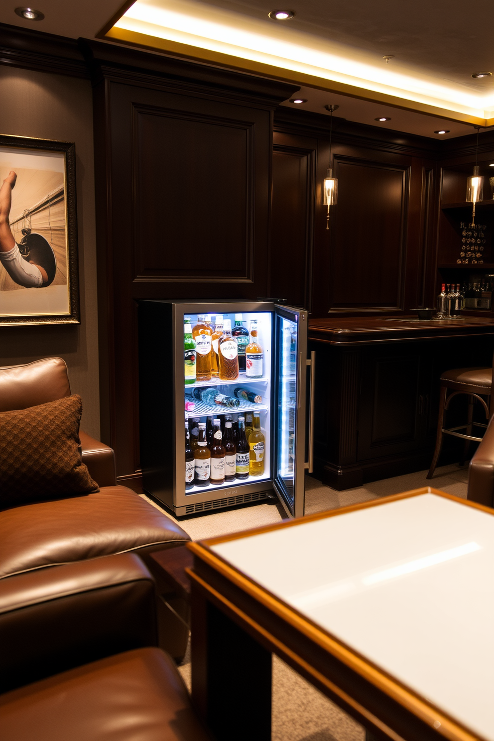 A stylish mini fridge stocked with a variety of beverages sits prominently in the corner of a luxurious man cave. The room features plush leather seating, a sleek wooden bar, and ambient lighting that creates a warm and inviting atmosphere.