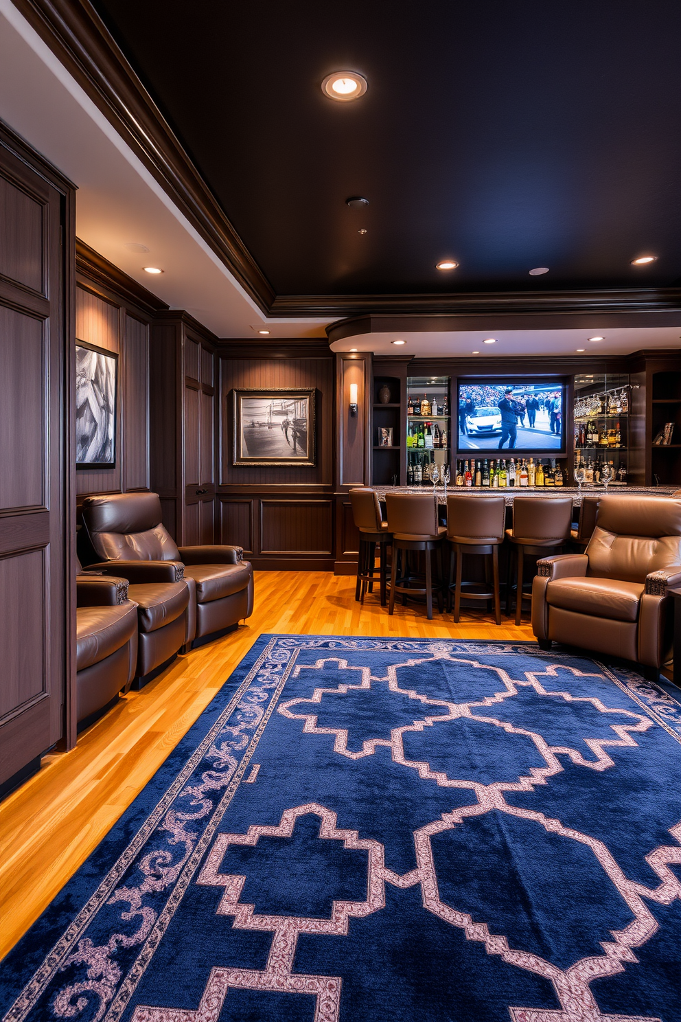 A luxurious man cave designed for ultimate relaxation features plush leather seating arranged around a sleek coffee table. The walls are adorned with dark wood paneling and soundproofing materials to create a private atmosphere. Ambient lighting casts a warm glow, highlighting a state-of-the-art entertainment system and a well-stocked bar. Rich textiles and personal memorabilia add character, ensuring the space is both stylish and inviting.