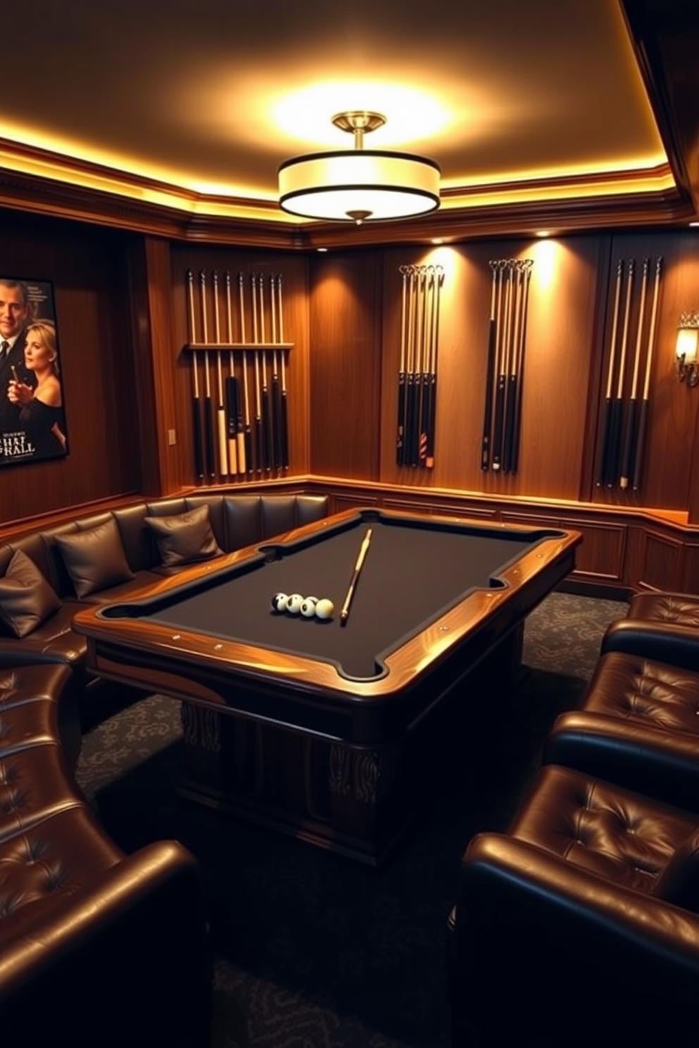 A luxurious man cave featuring a sleek billiard table crafted from high-quality wood. The table is accompanied by custom-designed cues displayed elegantly on the wall, enhancing the sophisticated atmosphere. Rich leather seating surrounds the billiard table, providing comfort and style for guests. Ambient lighting creates a warm glow, highlighting the intricate details of the room's decor and inviting relaxation.