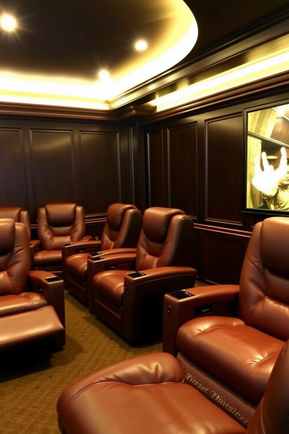 A luxurious man cave featuring plush leather recliners equipped with massage functions. The room is adorned with dark wood paneling and ambient lighting that creates a cozy yet sophisticated atmosphere.