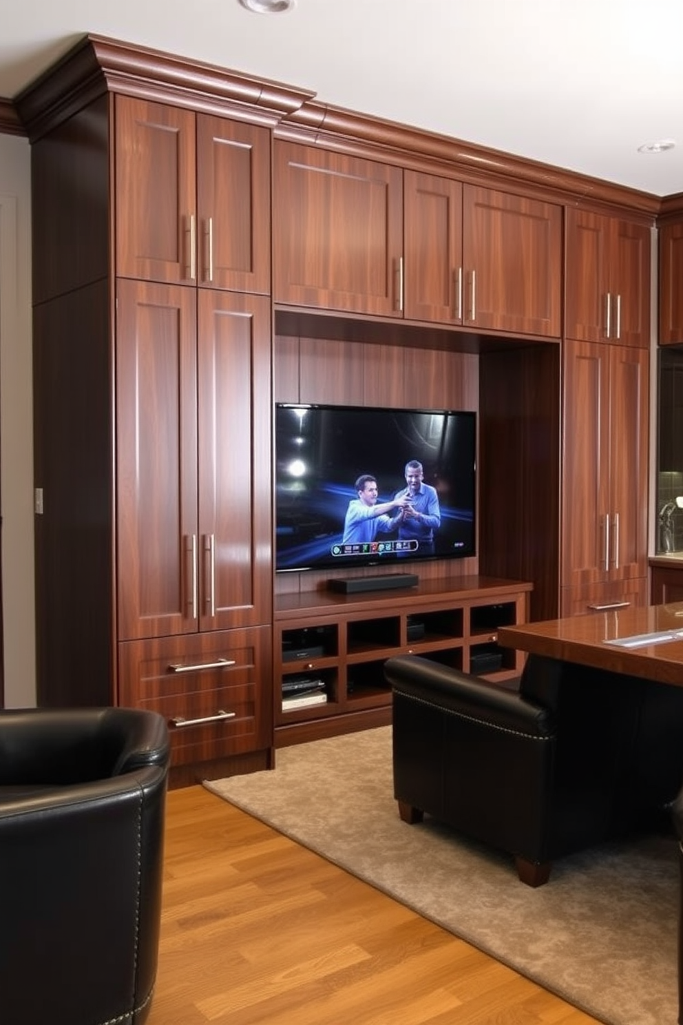 A sleek television wall features a modern entertainment unit with built-in shelving and ambient lighting. The wall is adorned with dark wood paneling, creating a rich contrast against the soft gray walls. A plush sectional sofa is positioned in front of the television, complemented by a stylish coffee table. Decorative accents such as artwork and sculptures add a personal touch to this luxury man cave design.