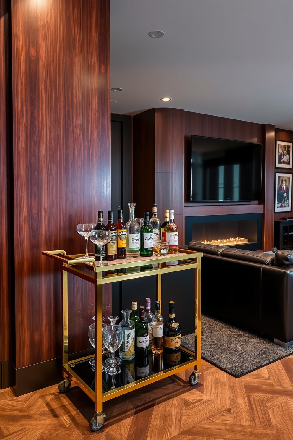 An elegant bar cart is displayed against a rich mahogany wall, showcasing an array of crystal glassware and premium liquor bottles. The cart features a sleek gold frame with a marble top, complemented by a plush velvet bar stool nearby. For the luxury man cave design, the space is adorned with dark leather furniture and a large flat-screen TV mounted above a modern fireplace. Ambient lighting creates a warm atmosphere, while framed sports memorabilia and a custom pool table add a personal touch.