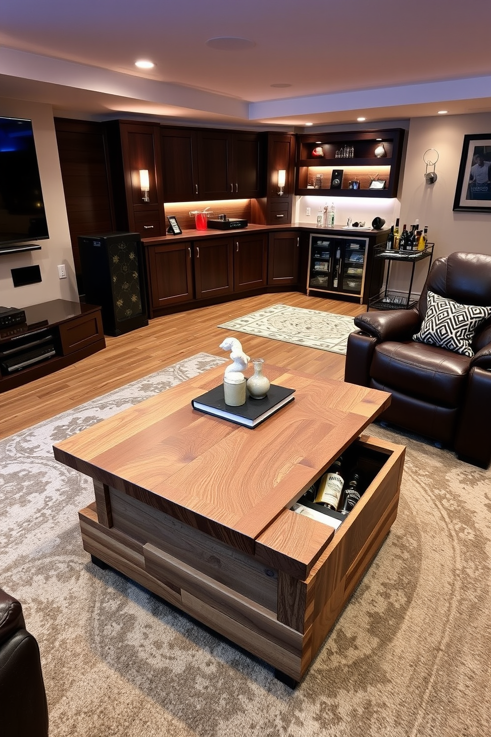 A cozy man cave featuring a plush high-quality rug that adds warmth and texture to the space. The room is adorned with leather seating, a large flat-screen TV, and ambient lighting to create a perfect retreat for relaxation and entertainment. An upscale man cave designed with rich wood paneling and luxurious finishes. The space includes a custom-built bar, comfortable lounge chairs, and a statement rug that ties the room together while enhancing the overall aesthetic.