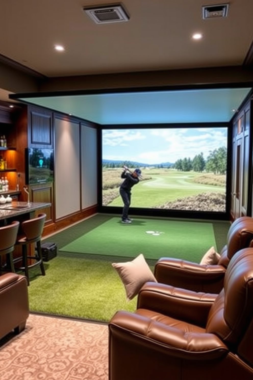 Indoor golf simulator for practice. The space features a high-tech simulator screen with realistic graphics, surrounded by plush seating and ambient lighting to create a relaxed atmosphere. Luxury Man Cave Design Ideas. The room is equipped with a custom bar, leather recliners, and a large flat-screen TV, all complemented by rich wood paneling and soft, inviting decor.