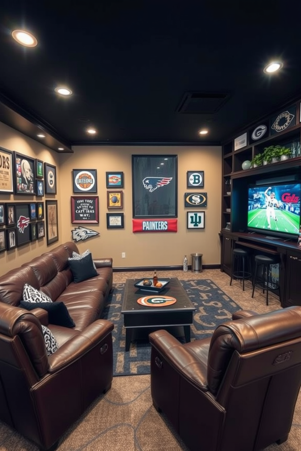 A cozy luxury man cave featuring rich leather seating and a dark wood bar. The walls are adorned with framed sports memorabilia and a large flat-screen TV is mounted above the fireplace. Indoor plants are strategically placed around the room to enhance the atmosphere and improve air quality. A tall fiddle leaf fig stands in one corner, while smaller succulents decorate the bar and shelves.