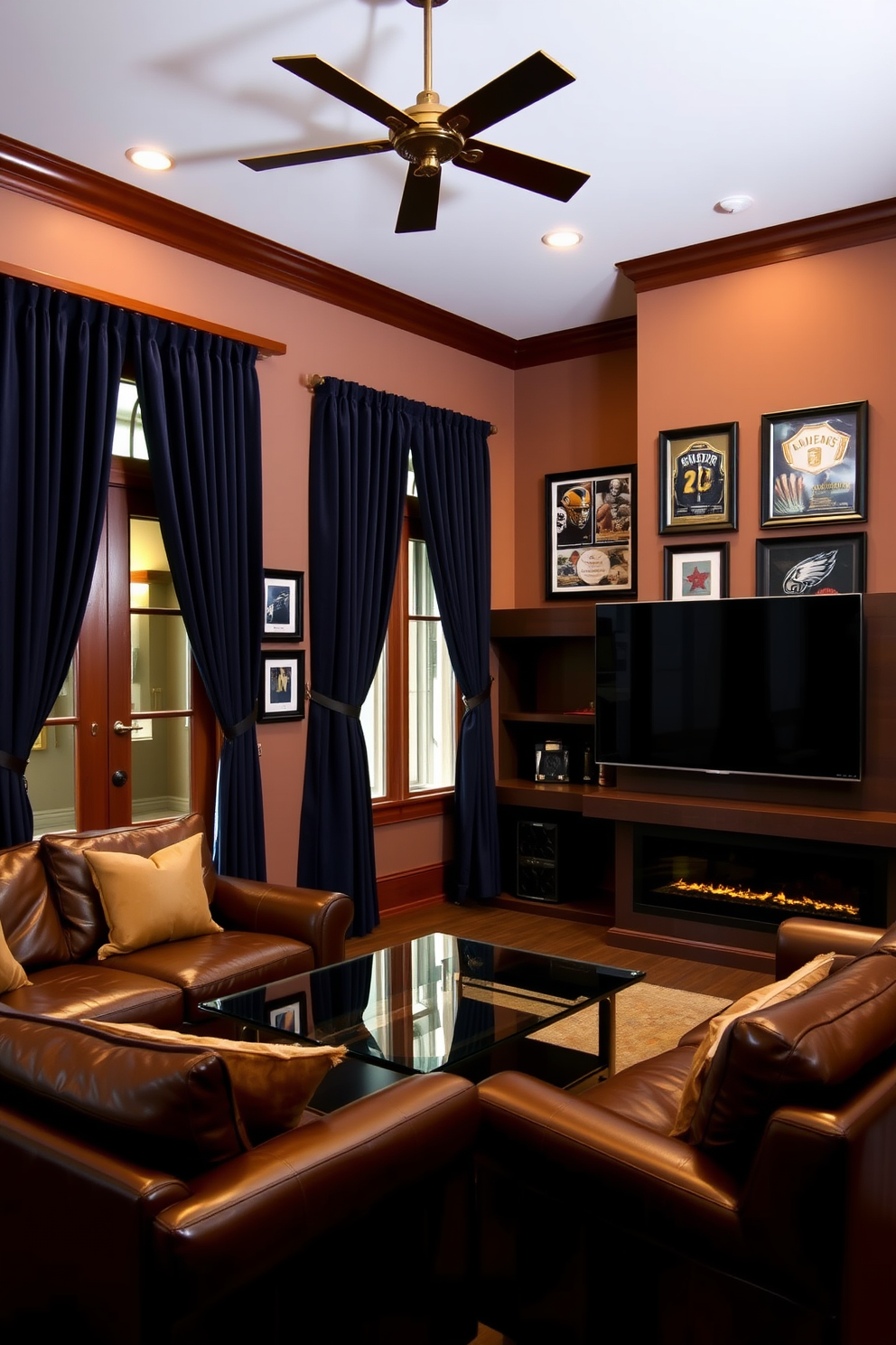 A luxury man cave featuring framed movie posters on the walls to create a cinematic vibe. The space includes a plush leather sectional sofa, a sleek coffee table, and ambient lighting that enhances the overall atmosphere.