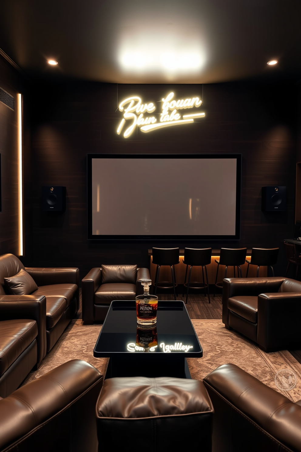 A personalized neon sign glows softly against a dark wood panelled wall, casting a warm light across the room. Plush leather seating is arranged around a sleek coffee table, creating an inviting space for relaxation and entertainment. The luxury man cave features a state-of-the-art home theater system with a large screen and surround sound speakers. A custom-built bar area showcases an impressive collection of spirits, complemented by stylish bar stools and ambient lighting.