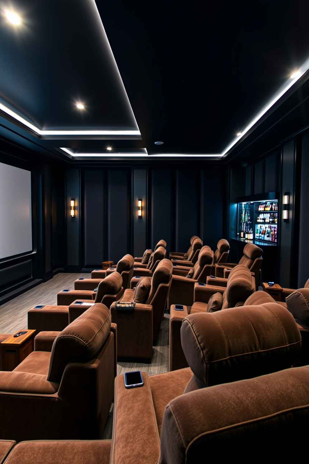 A luxurious home theater featuring plush recliners arranged for optimal viewing. The walls are adorned with dark acoustic panels, and a large screen dominates the front of the room. The lighting is adjustable with recessed LED lights and sconces that create a cozy ambiance. A mini bar is located at the back, stocked with premium snacks and beverages for an ultimate movie experience.