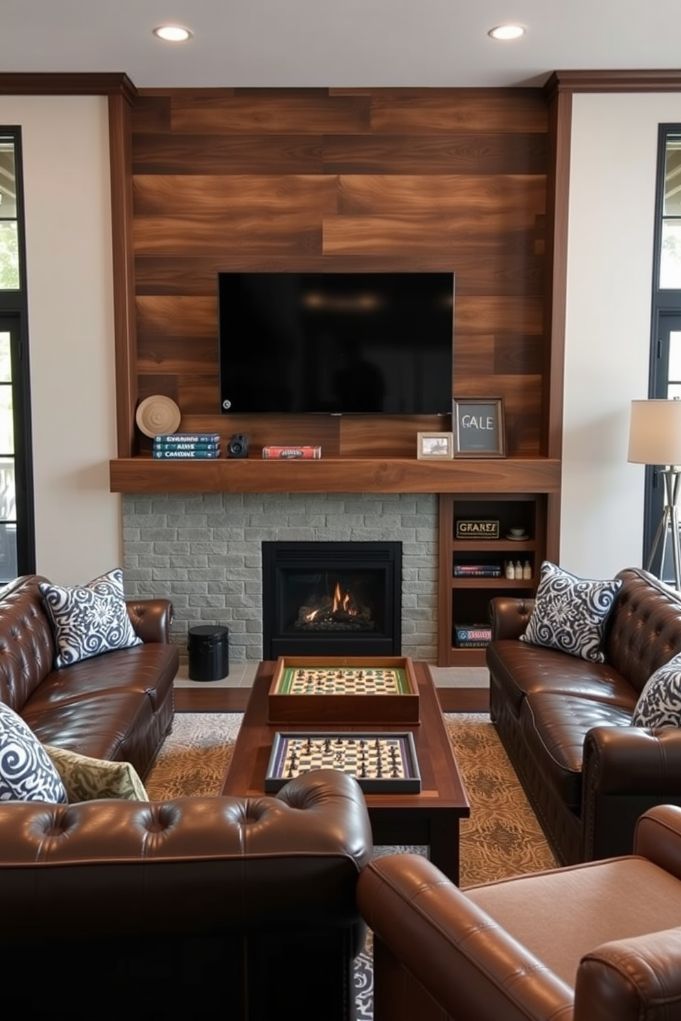 A cozy luxury man cave designed for relaxation and entertainment. The space features a plush leather sectional sofa facing a large flat-screen TV mounted above a modern fireplace. Classic board games are elegantly displayed on a custom-built wooden shelf. A vintage-style coffee table sits in the center, surrounded by comfortable seating for an inviting game night atmosphere.