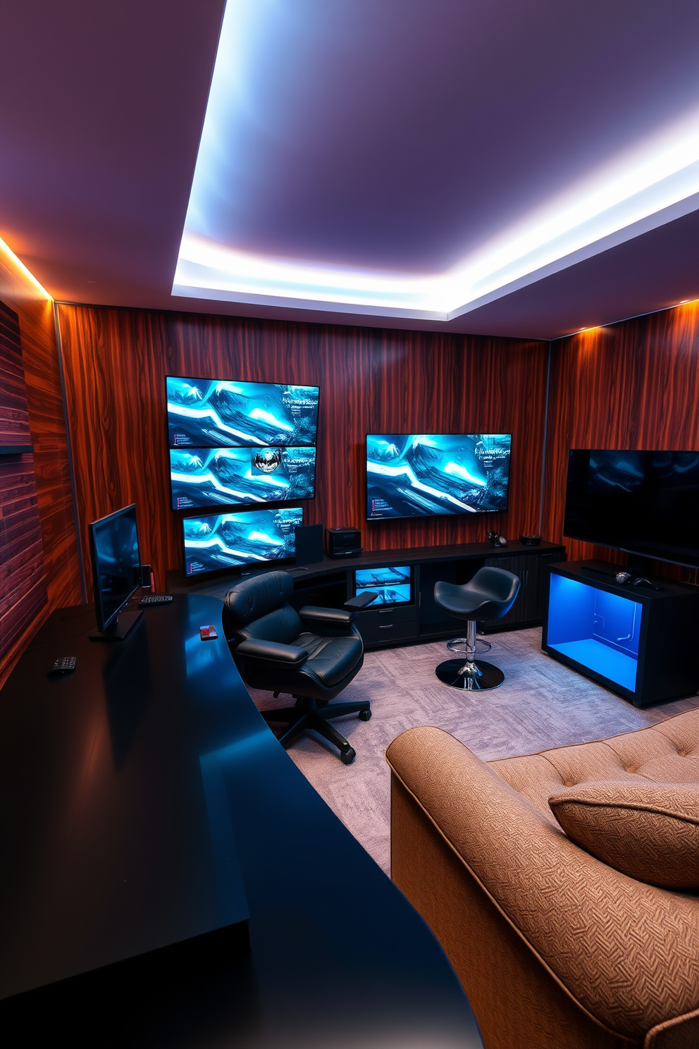 A modern gaming station featuring multiple high-resolution screens arranged in a curved configuration. The setup includes an ergonomic gaming chair, ambient LED lighting, and a sleek black desk with cable management solutions. A luxurious man cave designed for relaxation and entertainment. The space is equipped with a plush sectional sofa, a large flat-screen TV, a mini bar with stylish stools, and rich wood paneling on the walls.