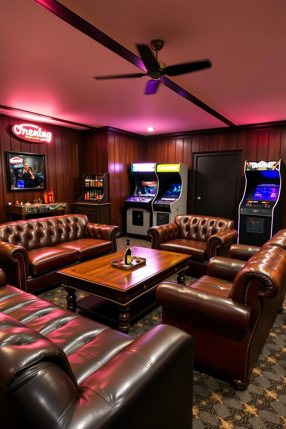 A vintage arcade game setup in a luxury man cave. The room features plush leather seating arranged around a classic wooden coffee table, with neon lights illuminating the space. A retro bar cart stocked with premium spirits sits against one wall, complementing the vintage arcade machines. Dark wood paneling and rich carpeting create a warm, inviting atmosphere perfect for entertaining guests.