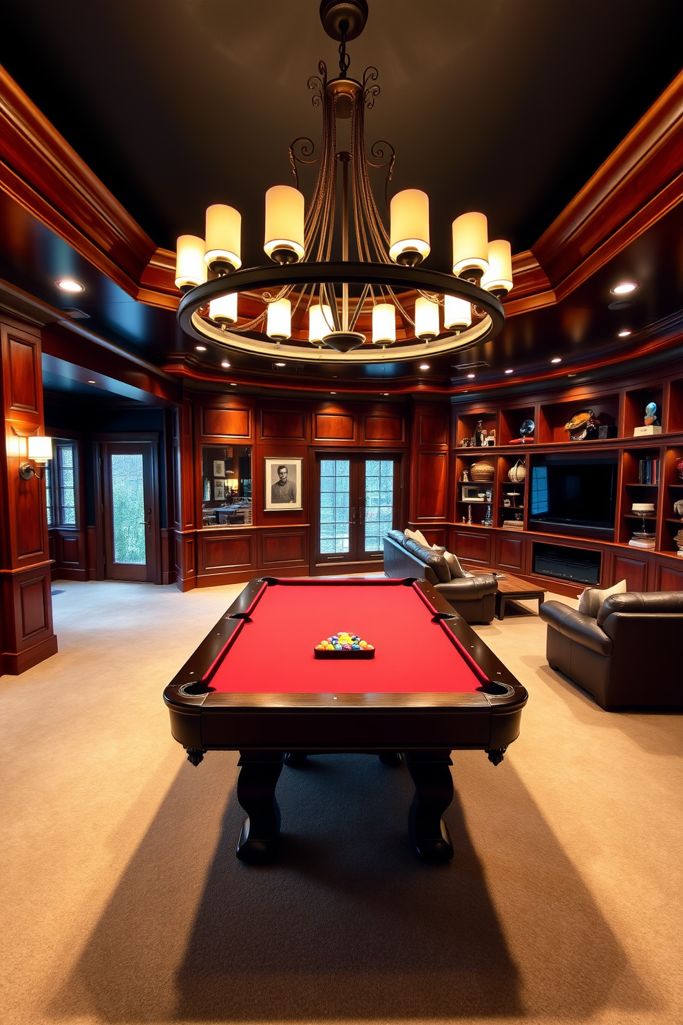 A luxurious man cave featuring rich wood paneling that exudes warmth and sophistication. The space is adorned with plush leather seating and a large flat-screen TV mounted above a stone fireplace, creating a perfect retreat for relaxation and entertainment.