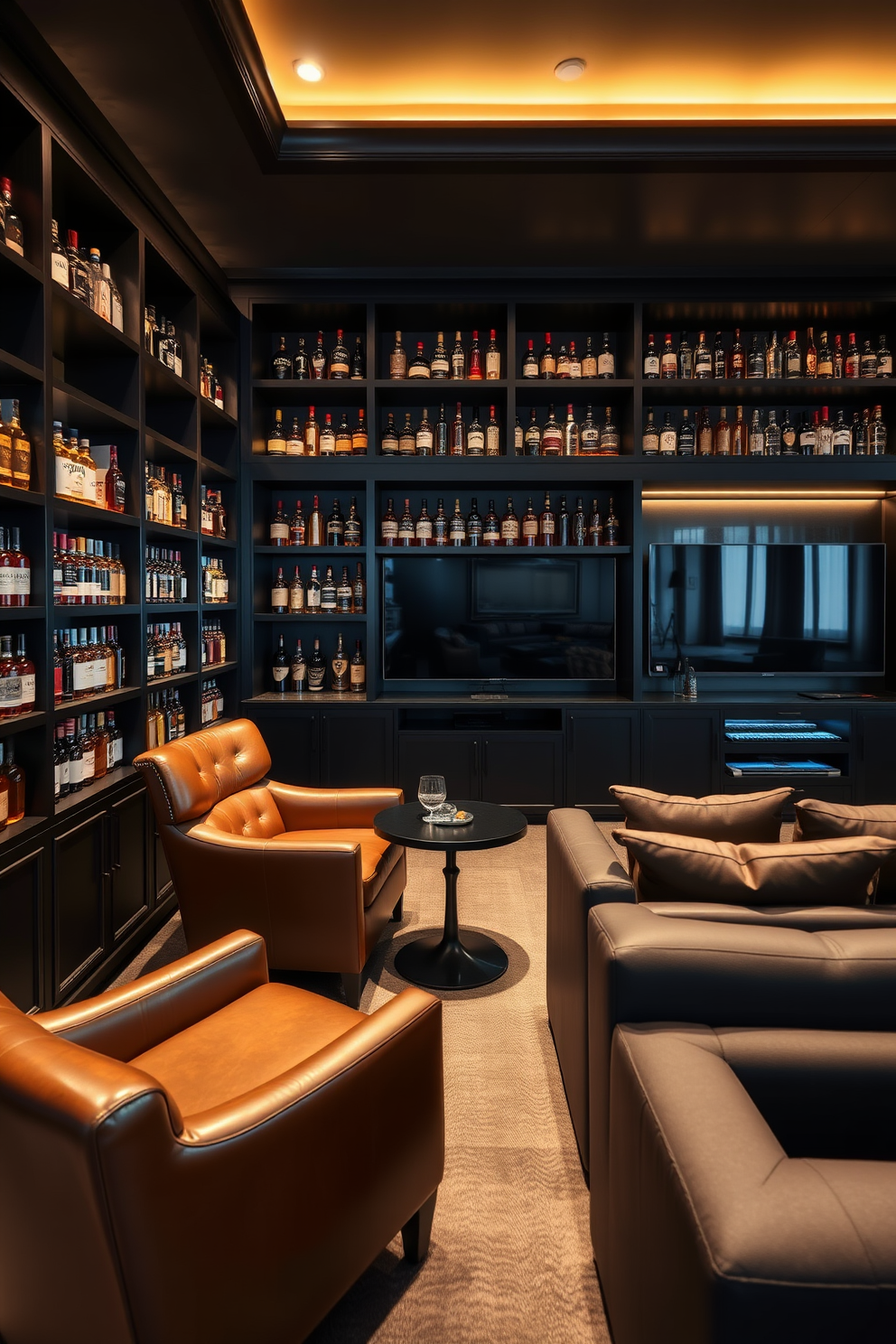 A whiskey tasting corner featuring dark wood shelves lined with an array of premium whiskey bottles. A plush leather armchair is positioned in front of a small round table, creating an inviting atmosphere for tasting sessions. The luxury man cave is designed with rich, deep colors and modern furnishings. A large sectional sofa faces a sleek entertainment center, while ambient lighting sets the perfect mood for relaxation and entertainment.