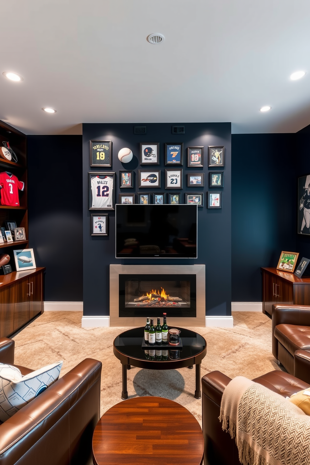 A personalized sports memorabilia display case features a sleek glass front with built-in LED lighting to highlight the cherished items inside. The case is crafted from dark wood with a rich finish, showcasing jerseys, signed balls, and framed photos arranged in an eye-catching layout. A luxury man cave design includes a plush leather sectional sofa facing a large flat-screen TV mounted above a modern fireplace. The space is accented with a stylish bar area, complete with high-top stools and custom cabinetry for a sophisticated entertainment experience.