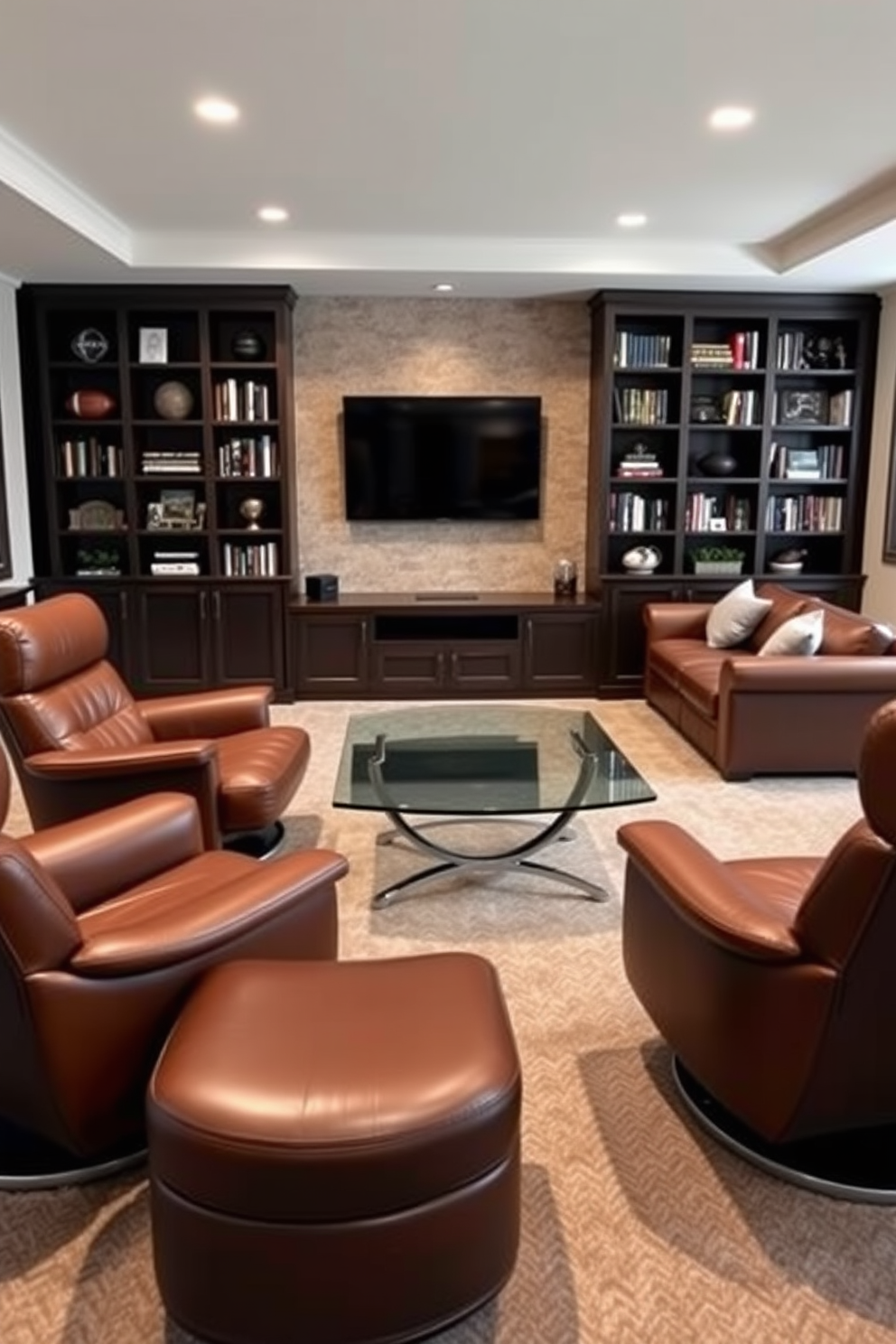 A pair of luxury lounge chairs upholstered in rich leather are positioned around a sleek glass coffee table. Beside each chair, a matching ottoman offers comfort and style, enhancing the inviting atmosphere of the room. The man cave features a plush sectional sofa facing a large flat-screen TV mounted on an accent wall. Dark wood shelves display an impressive collection of sports memorabilia and books, creating a personalized retreat for relaxation and entertainment.