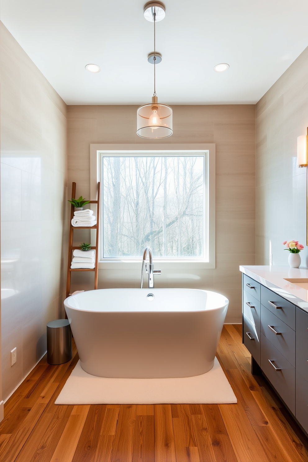 A spa-like retreat featuring a freestanding soaking tub positioned near a large window that allows natural light to flood the space. The walls are adorned with soft beige tiles, and a plush area rug lies beneath the tub to enhance comfort. Elegant fixtures in brushed gold complement the serene atmosphere, while lush greenery is placed strategically around the room. A double vanity with a sleek marble countertop and modern lighting completes the luxurious master bathroom design.