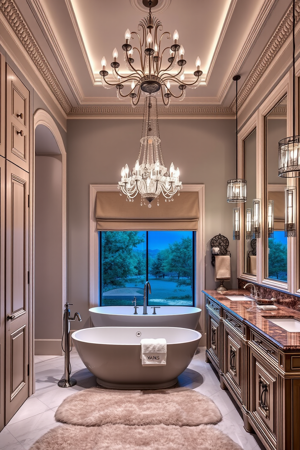 A stunning luxury master bathroom featuring bespoke lighting fixtures that serve as statement pieces. The space includes a freestanding soaking tub illuminated by an elegant chandelier, creating a warm and inviting atmosphere. The double vanity showcases custom cabinetry with intricate detailing, complemented by unique pendant lights that add a touch of sophistication. Rich marble countertops and a plush area rug complete the design, enhancing the overall opulence of the room.