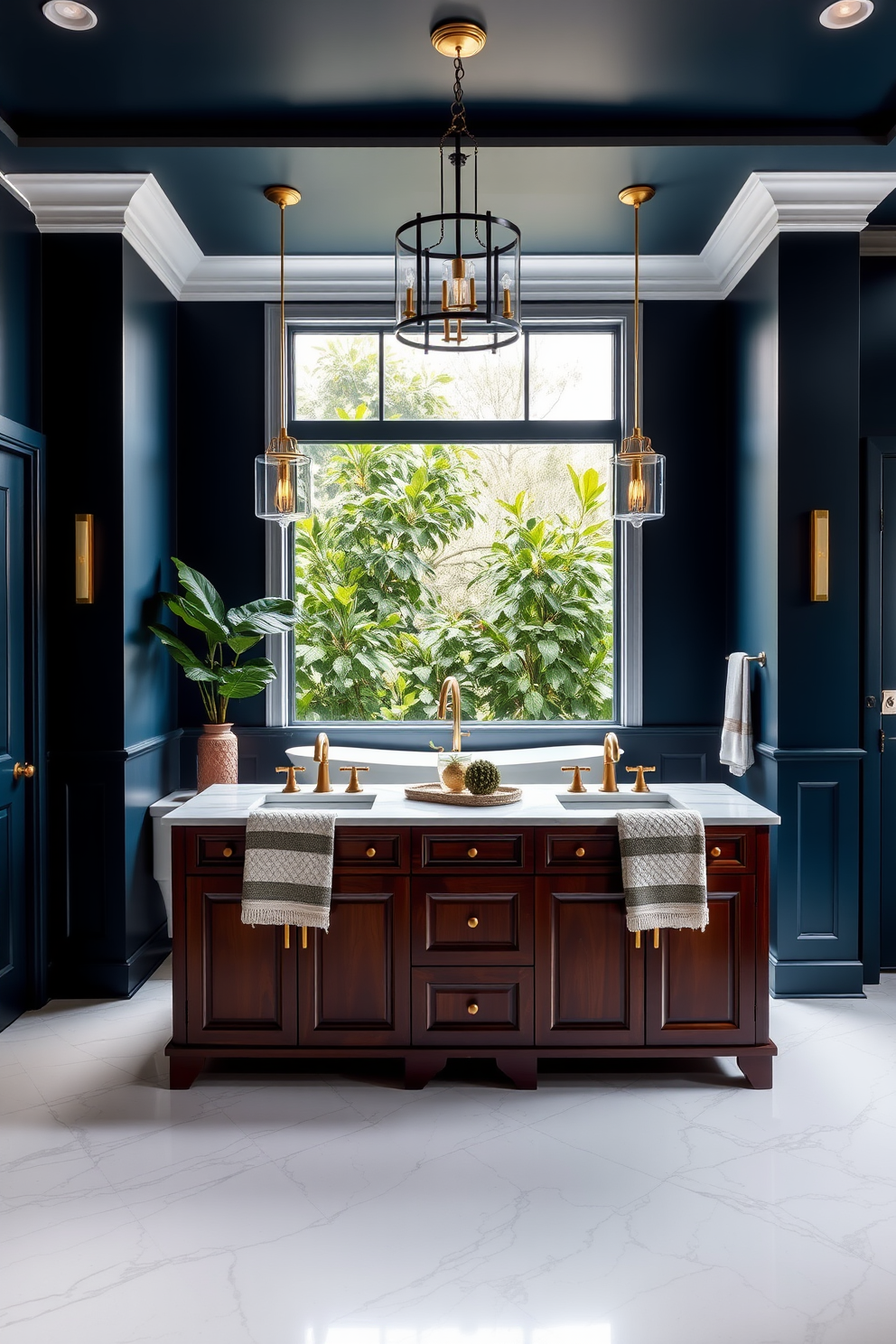 A luxury master bathroom featuring a bold color palette with deep navy blue walls and gold accents throughout. The space includes a freestanding soaking tub positioned under a large window, surrounded by lush greenery for a spa-like atmosphere. The double vanity showcases rich mahogany cabinetry paired with a striking white marble countertop. Elegant pendant lights hang above the vanities, casting a warm glow over the space while plush towels in contrasting colors add a touch of drama.