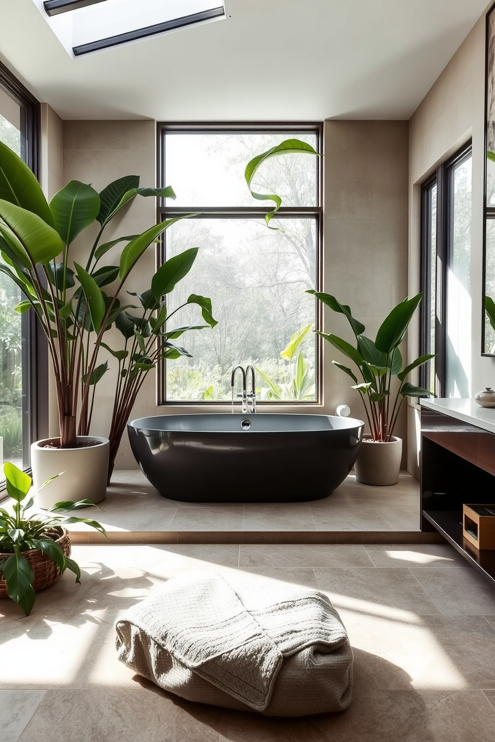 A luxury master bathroom design inspired by nature. The space features lush indoor plants strategically placed to bring a refreshing green touch to the serene environment. The centerpiece is a freestanding soaking tub surrounded by natural stone tiles. Soft natural light filters through large windows, enhancing the calming atmosphere.