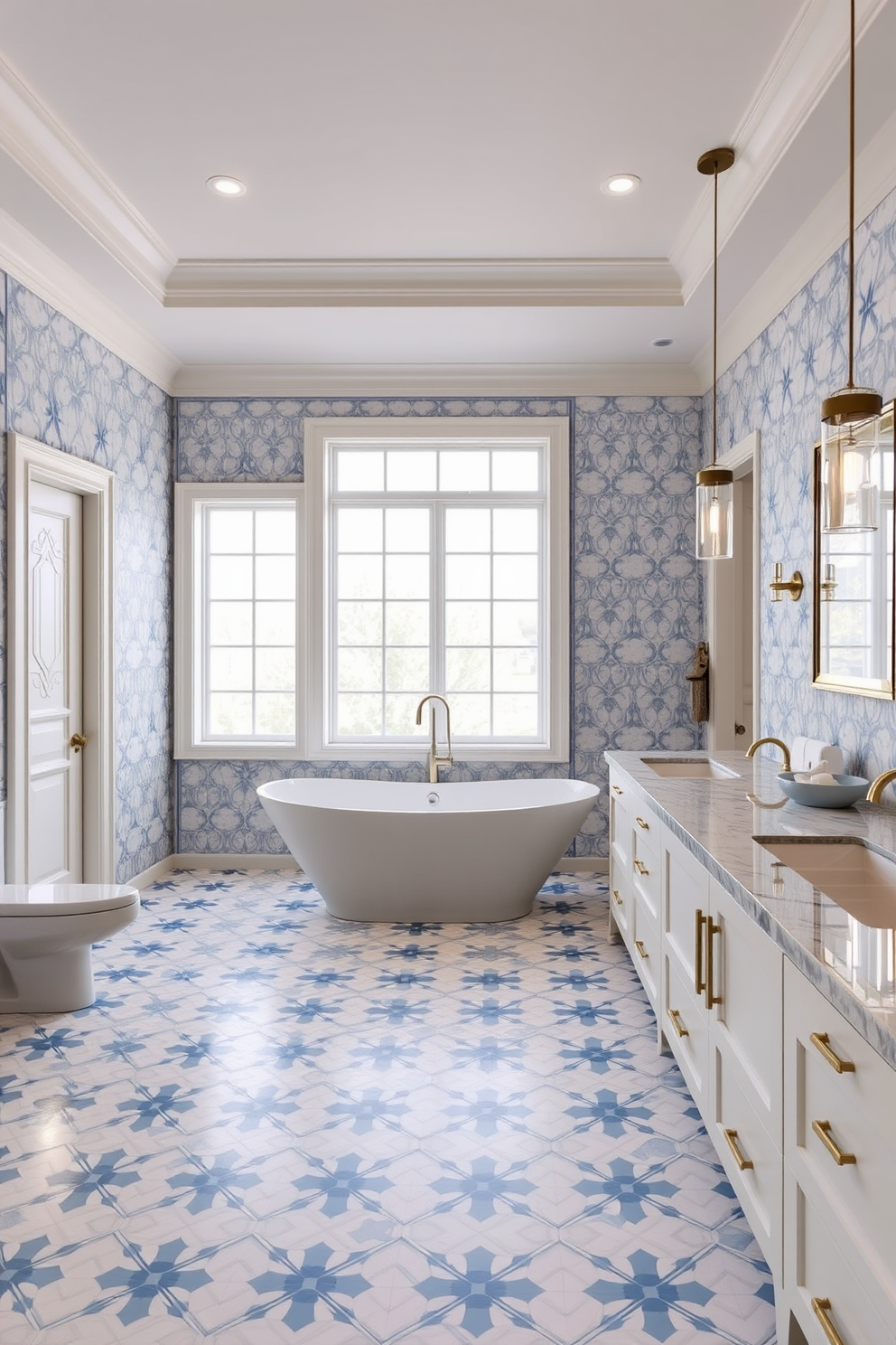 Artistic tile patterns create a stunning focal point in a luxury master bathroom. Imagine a serene space where intricate geometric tiles in shades of blue and white adorn the walls and floor, complemented by elegant fixtures and ambient lighting. The design features a freestanding soaking tub positioned under a large window, allowing natural light to flood the room. A stylish double vanity with a polished stone countertop and chic pendant lights adds a touch of sophistication to the overall aesthetic.