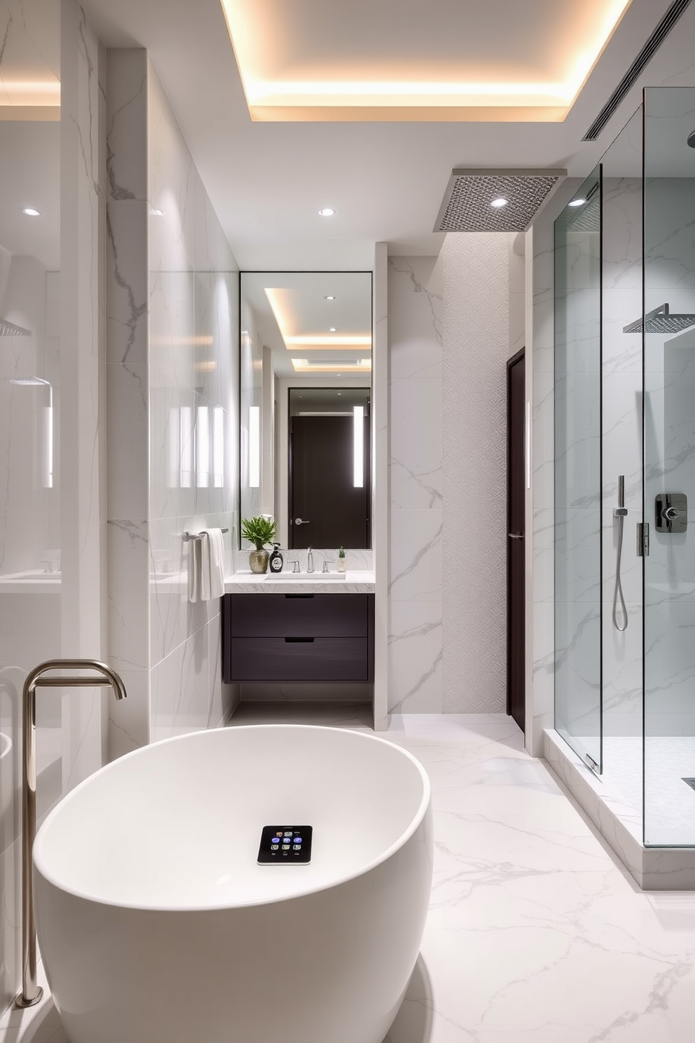 A luxury master bathroom featuring smart technology seamlessly integrated into the design. The space includes a freestanding soaking tub with a digital control panel and a rainfall shower with voice-activated settings. The walls are adorned with elegant marble tiles, and ambient lighting creates a soothing atmosphere. A sleek, wall-mounted vanity with touchless faucets and a smart mirror enhances both functionality and style.