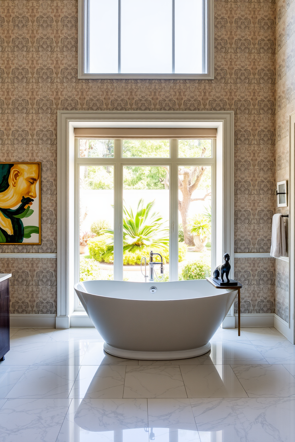 A luxury master bathroom featuring a freestanding soaking tub positioned under a large window that offers a view of a serene garden. The walls are adorned with elegant wallpaper in soft pastel hues, and the floor is covered with large format marble tiles. Unique artwork is displayed on the walls, including a large abstract painting that adds a pop of color and character to the room. A sculptural piece sits on a ledge near the tub, enhancing the sophisticated ambiance of the space.