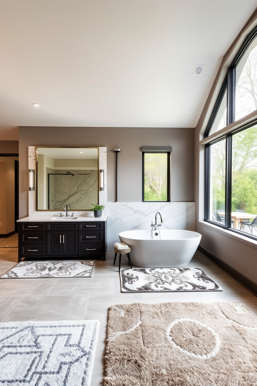 A luxury master bathroom featuring a spacious layout with elegant finishes. The centerpiece is a freestanding soaking tub positioned under a large window, surrounded by natural light. Statement artwork hangs above the double vanity, adding a touch of sophistication and color to the space. The vanity is crafted from rich wood with a polished stone countertop, complemented by stylish fixtures and ample storage.