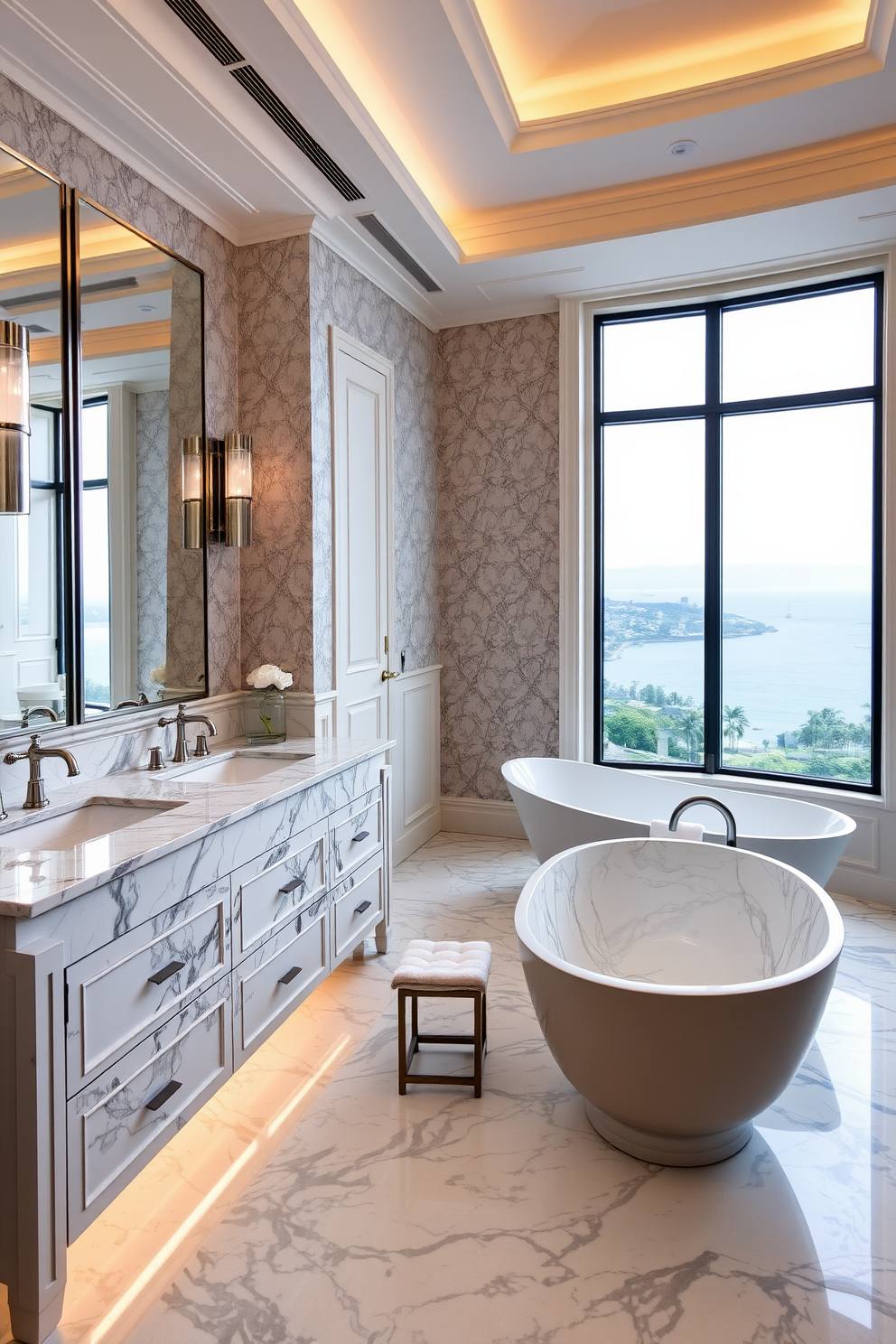 Elegant marble double vanity sinks create a stunning focal point in a luxury master bathroom. The space features a spacious layout with soft ambient lighting and high-end fixtures that enhance the overall sophistication. The walls are adorned with elegant wallpaper, while the floor showcases intricate marble tiles that complement the vanity. A freestanding soaking tub sits gracefully by a large window, offering a serene view and natural light.