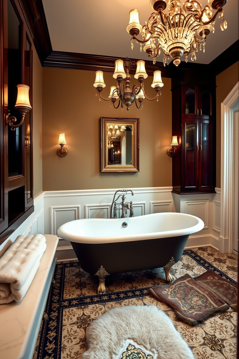 A luxury master bathroom featuring vintage accents for timeless elegance. The space includes a freestanding clawfoot bathtub with a vintage-style faucet, surrounded by elegant sconces that provide soft lighting. Rich, dark wood cabinetry complements the intricate tile work on the floor, while an ornate chandelier hangs gracefully from the ceiling. The walls are adorned with classic wainscoting, and a plush area rug adds warmth to the overall design.