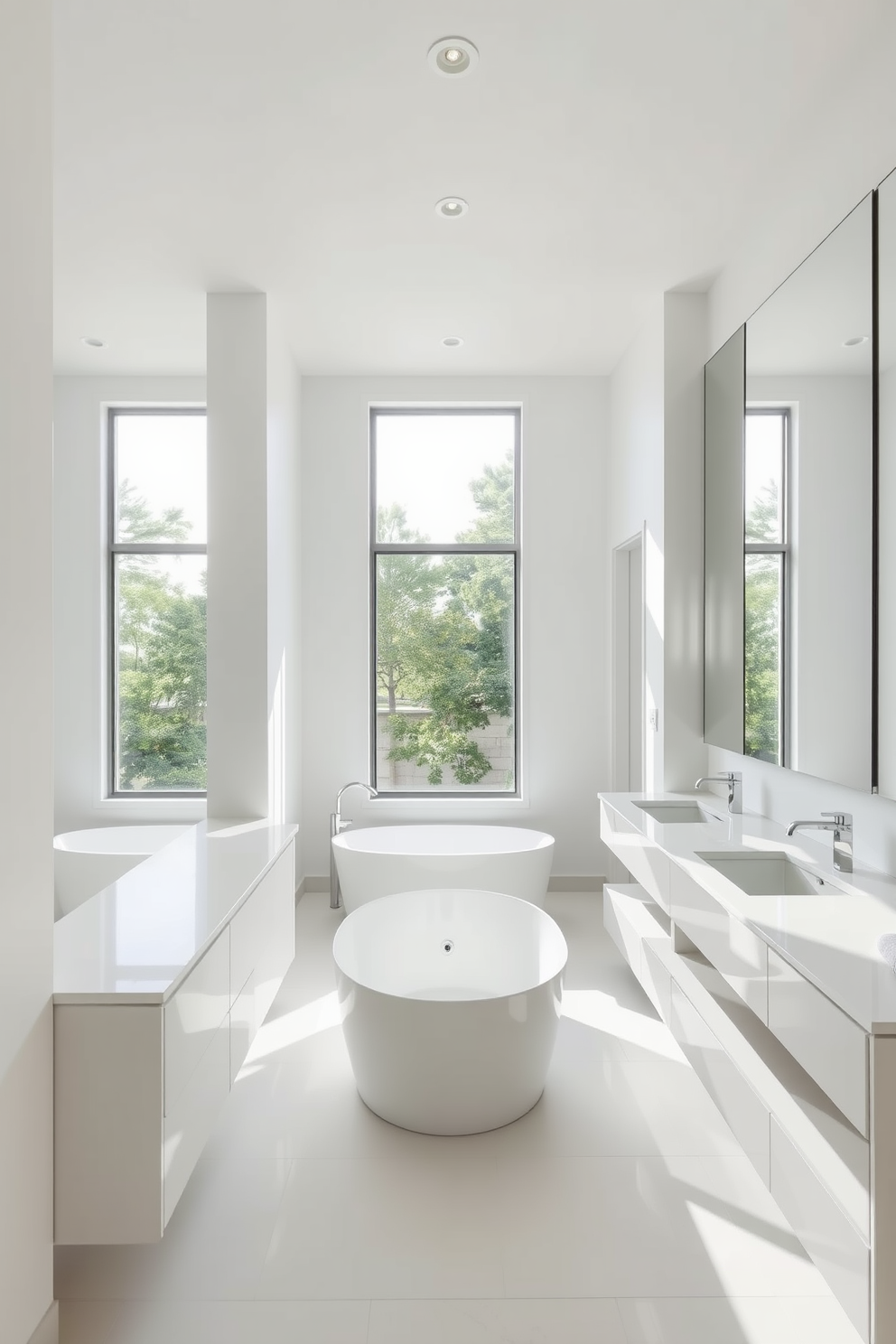 A minimalist luxury master bathroom features sleek lines and a neutral color palette. The space includes a freestanding soaking tub positioned under a large window, allowing natural light to flood in. The vanity is a simple yet elegant design with a smooth white countertop and integrated sinks. Large, frameless mirrors reflect the serene atmosphere, while soft lighting creates a calming ambiance.