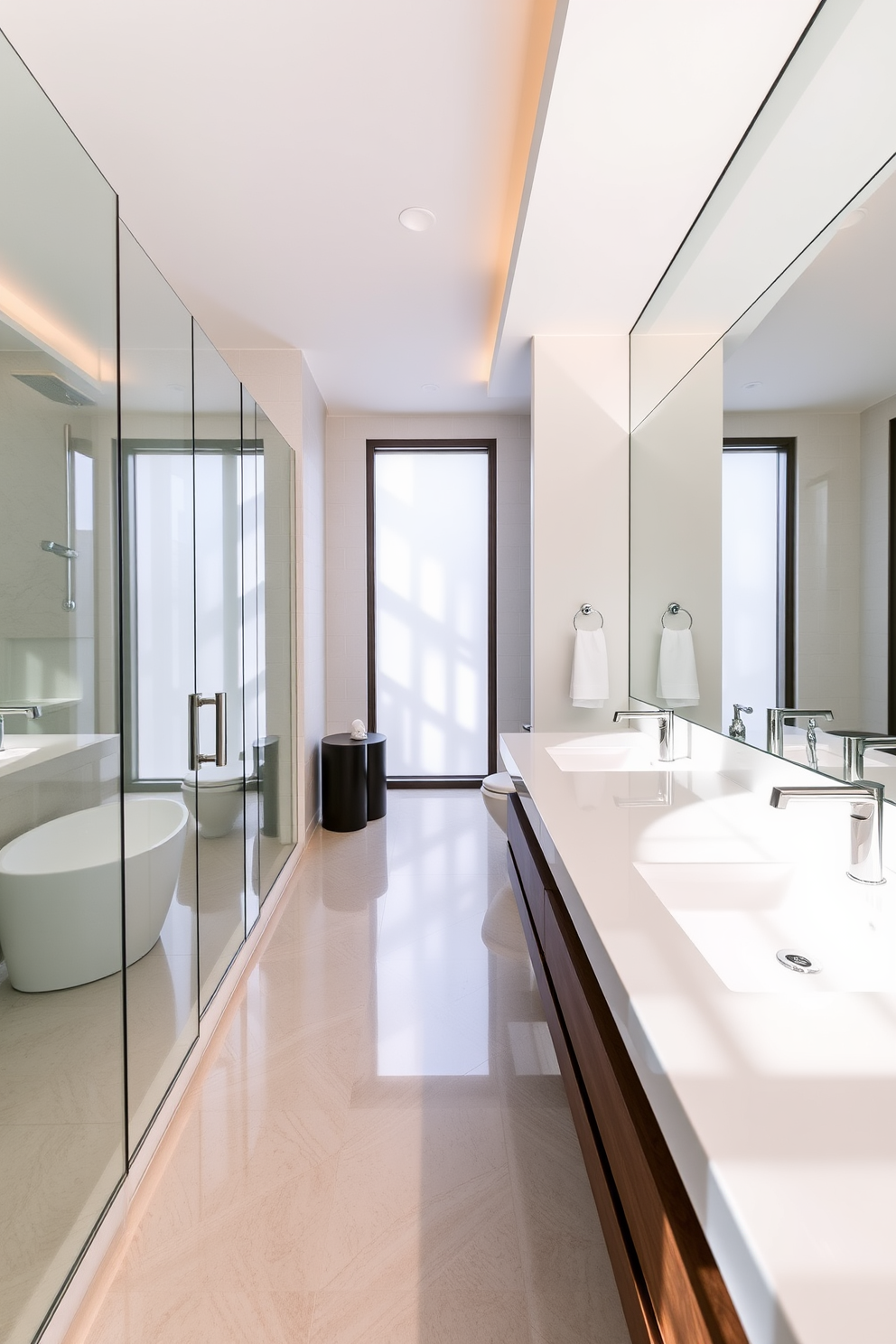 A luxury master bathroom featuring a floating vanity with sleek lines and a glossy finish. The space is enhanced by modern fixtures and a large frameless mirror that reflects natural light, creating an airy atmosphere.