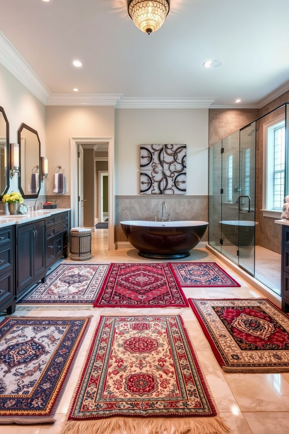 A spacious walk-in closet adjacent to the bathroom features custom shelving and hanging space for clothing and accessories. Soft lighting illuminates the area, highlighting a plush ottoman in the center and a full-length mirror against one wall. The luxury master bathroom showcases a freestanding soaking tub positioned under a large window with a view. Elegant dual vanities with polished stone countertops flank the tub, and a contemporary chandelier adds a touch of glamour to the space.