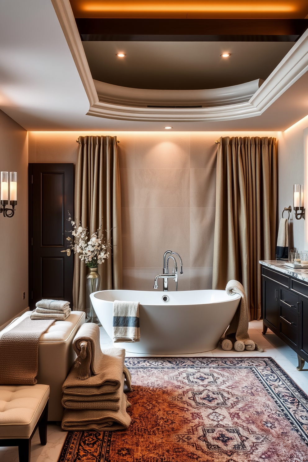 A luxury master bathroom features a stunning freestanding vanity crafted from rich oak with a designer sink that showcases intricate detailing. The space is illuminated by elegant pendant lights, creating a warm ambiance that complements the marble flooring and soft color palette.