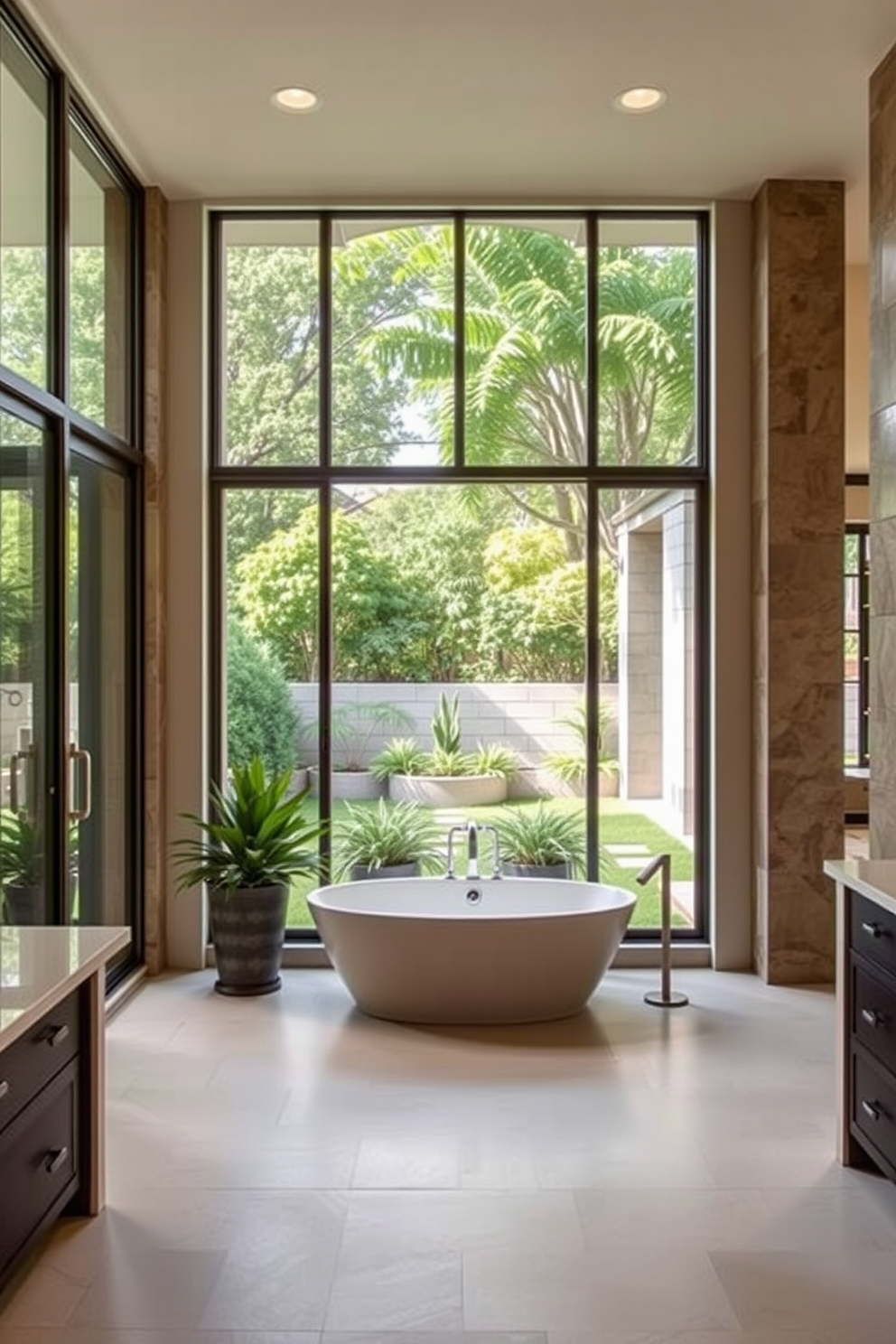 A luxurious master bathroom featuring seamless indoor-outdoor transitions. Large glass doors open to a private garden, allowing natural light to flood the space while providing stunning views of lush greenery. The centerpiece is a freestanding soaking tub positioned near the glass doors, surrounded by elegant potted plants. The walls are adorned with natural stone, and the floor is a smooth, polished concrete that extends seamlessly to the outdoor patio.