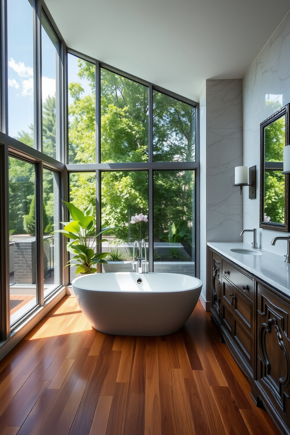 A luxury master bathroom featuring expansive windows that allow natural light to flood the space. The design includes a freestanding soaking tub positioned near the windows, surrounded by lush greenery for a serene atmosphere. The walls are adorned with elegant marble tiles, while the floor is finished with warm, rich wood. Stylish dual vanities with intricate detailing and modern fixtures complete the sophisticated look.