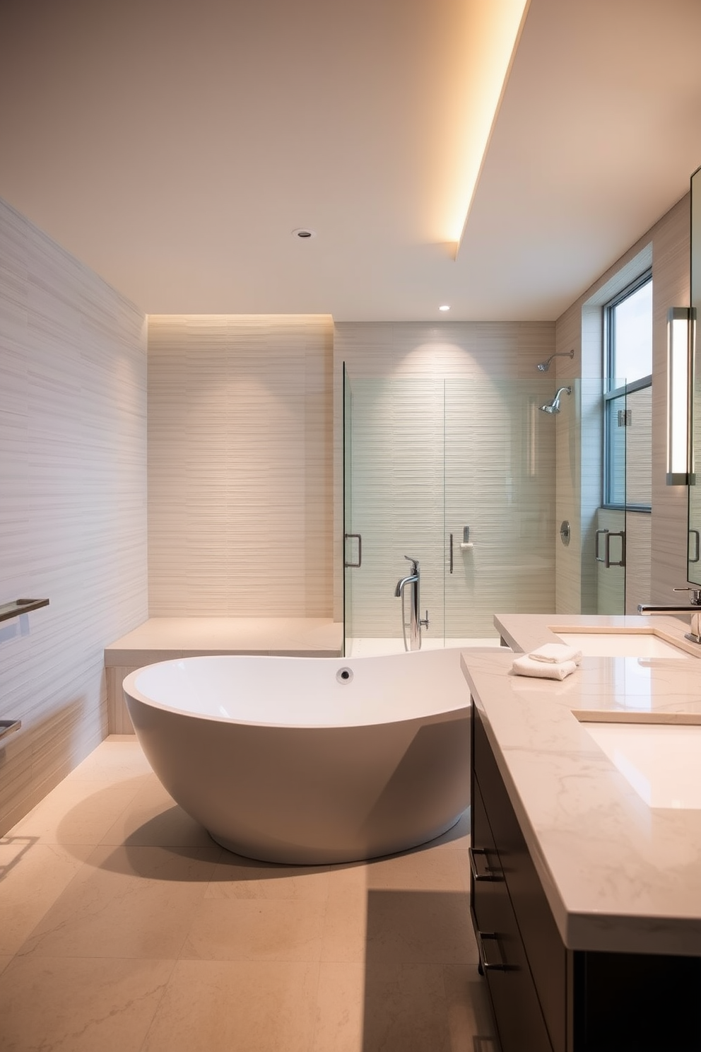 A luxury master bathroom featuring a sculptural bathtub as the centerpiece. The bathtub is elegantly designed, surrounded by soft ambient lighting that enhances its curves and creates a serene atmosphere. The walls are adorned with textured tiles in soft neutral tones, complemented by a spacious walk-in shower with glass doors. A double vanity with polished stone countertops and stylish fixtures adds sophistication to the space.