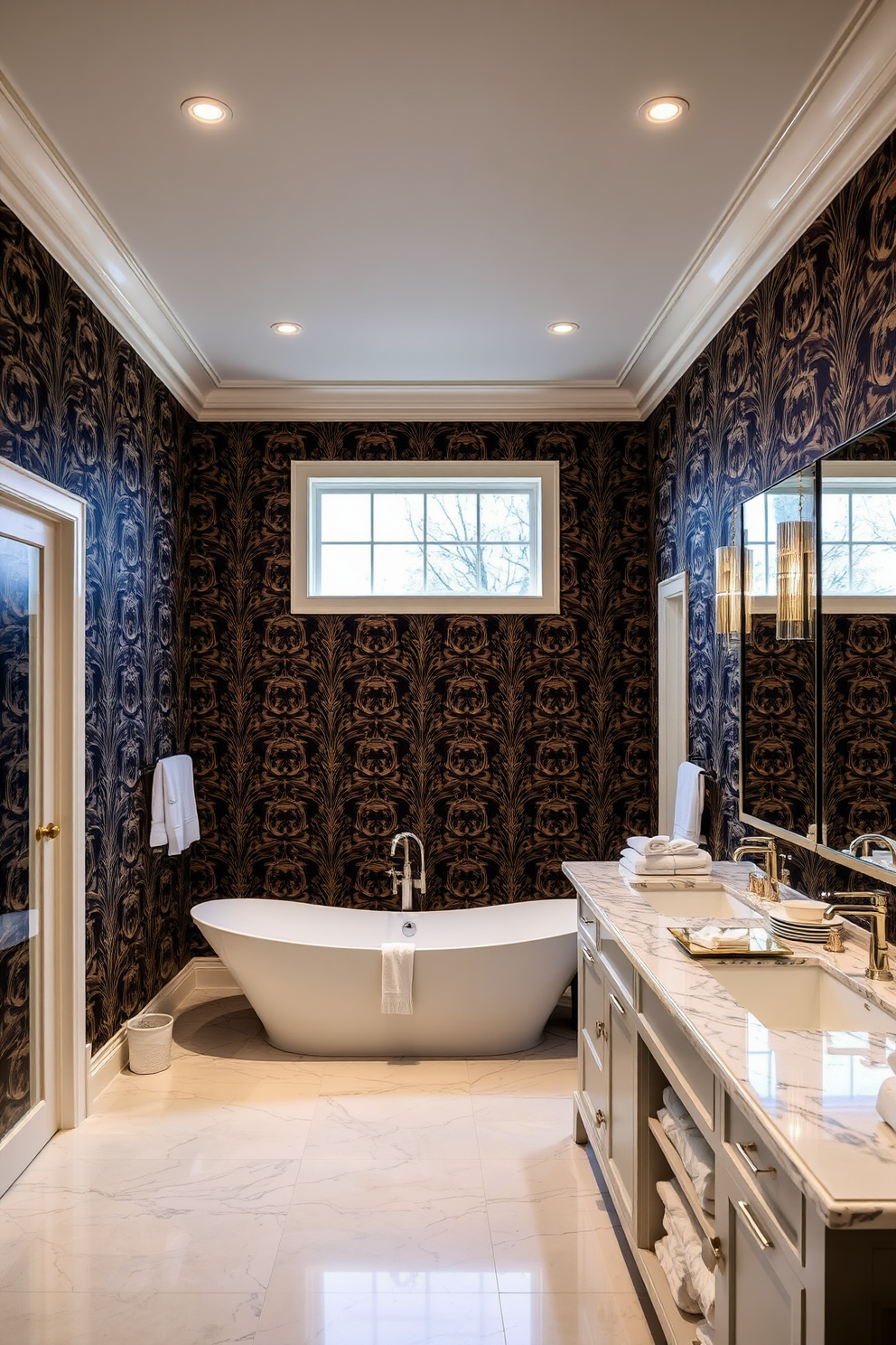 A luxury master bathroom featuring bold wallpaper that creates a striking backdrop. The space includes a freestanding soaking tub elegantly positioned under a large window, with plush towels neatly arranged nearby. The double vanity showcases a stunning quartz countertop with modern fixtures and ample storage beneath. Soft ambient lighting enhances the rich textures of the wallpaper and complements the overall opulence of the design.