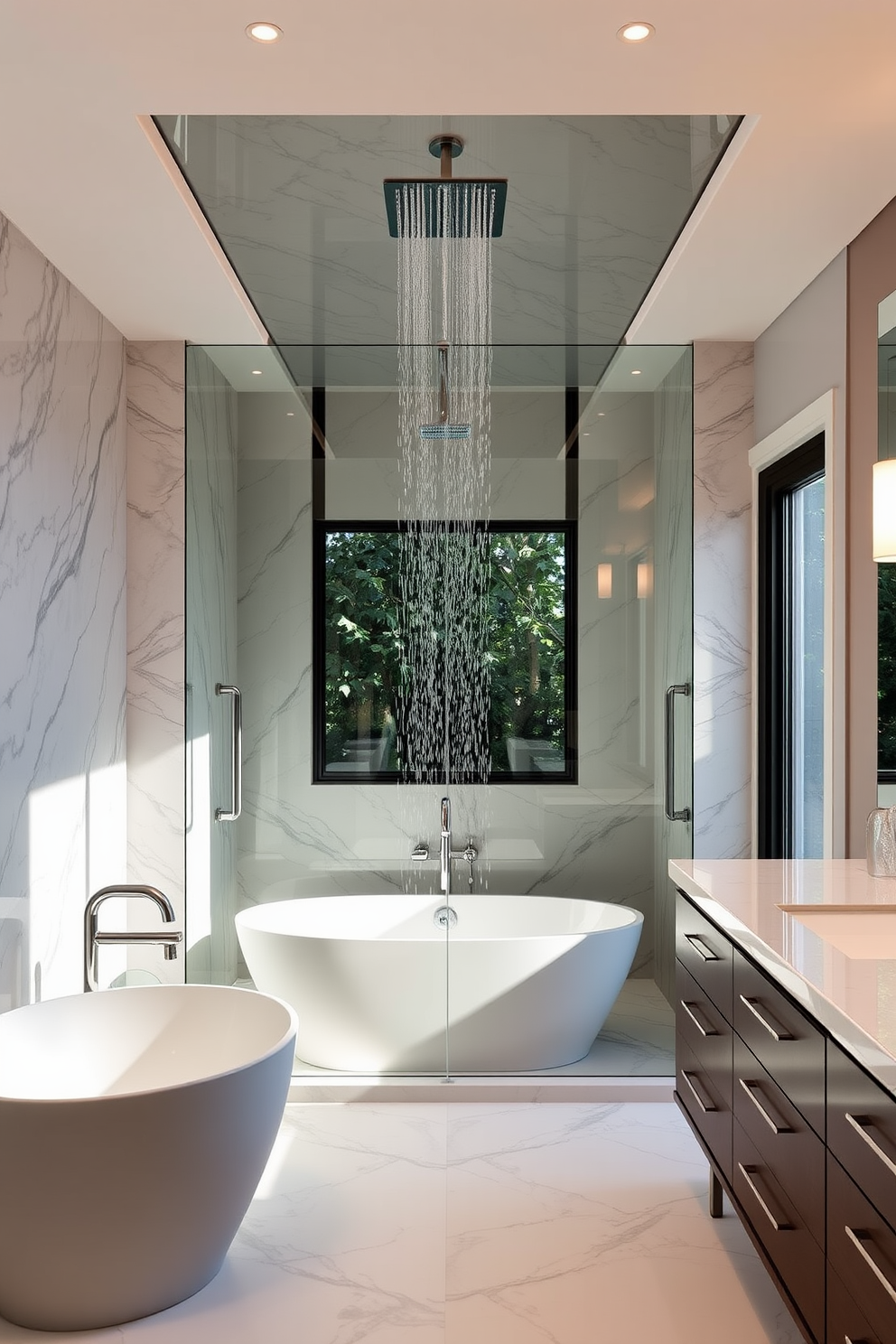 A luxurious master bathroom featuring a sophisticated glass-enclosed rainfall shower. The shower is surrounded by elegant marble tiles, and the ceiling is adorned with a modern rain showerhead for a spa-like experience. The space includes a freestanding soaking tub positioned near a large window that allows natural light to flood the room. Soft, ambient lighting highlights the sleek cabinetry and polished fixtures, creating a serene atmosphere.