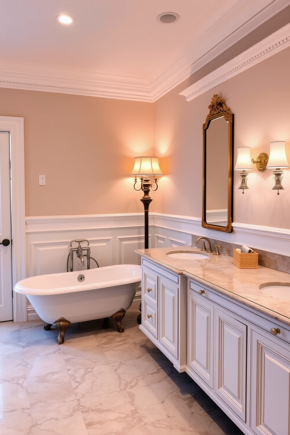 Elegant clawfoot tub for classic charm. The tub is positioned against a backdrop of intricate white wainscoting, with a vintage-style floor lamp casting a warm glow in the corner. Luxury Master Bathroom Design Ideas. Rich marble tiles cover the floor, complemented by a spacious double vanity with ornate fixtures and soft, ambient lighting above the mirrors.