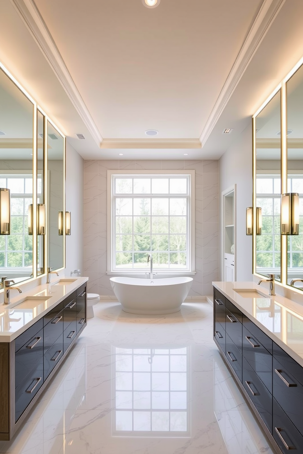 A luxurious master bathroom features his and hers vanities crafted from rich walnut wood. Each vanity is topped with a stunning quartz countertop and adorned with elegant vessel sinks. Above the vanities, oversized frameless mirrors reflect the ambient lighting from stylish sconces. The walls are painted in a soft taupe color, creating a warm and inviting atmosphere.