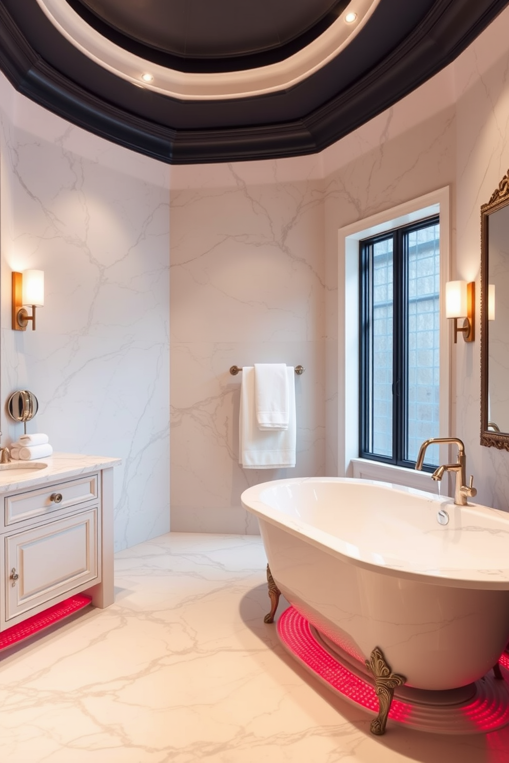 A luxurious master bathroom featuring heated floors that provide ultimate comfort. The space is adorned with elegant fixtures and a spacious soaking tub set against a backdrop of marble tiles.