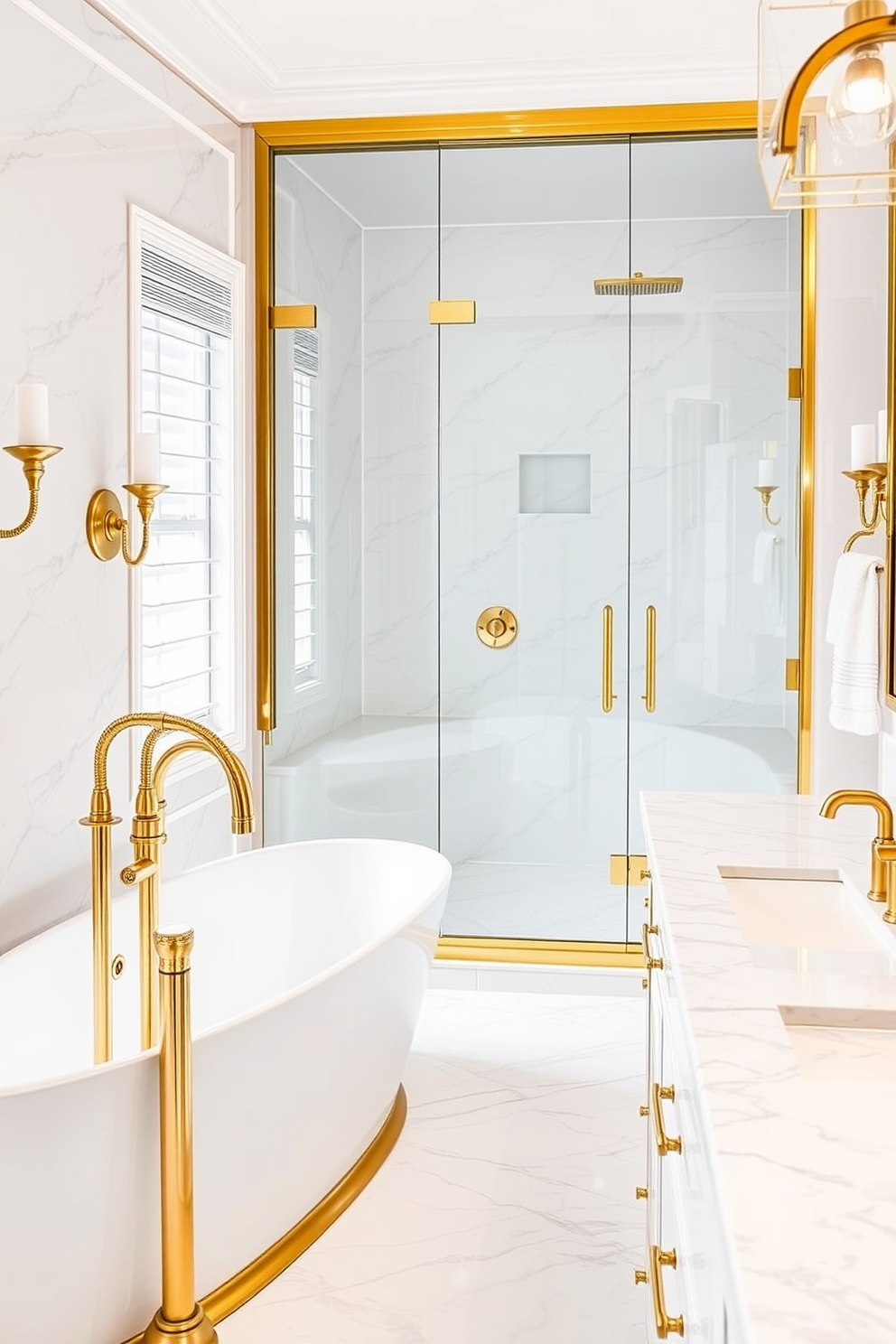 A luxurious master bathroom featuring large windows that allow natural light to flood the space. The design includes a freestanding soaking tub positioned near the windows, complemented by a spacious walk-in shower with glass doors and elegant tile work. The color palette consists of soft neutral tones with gold accents throughout. A double vanity with a sleek marble countertop and stylish fixtures adds to the overall sophistication of the room.