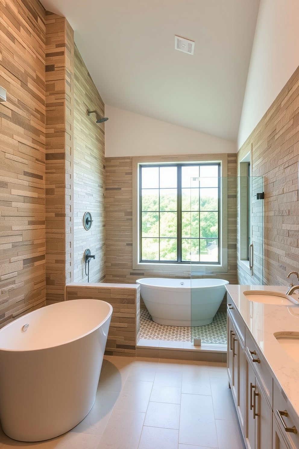 Textured stone walls create a stunning backdrop for a luxury master bathroom. The space features a freestanding soaking tub positioned beneath a large window, allowing natural light to flood the room. A spacious walk-in shower with glass doors showcases elegant tile work and a rainfall showerhead. Complementing the stone walls, the vanity boasts dual sinks with sleek fixtures and ample storage underneath.