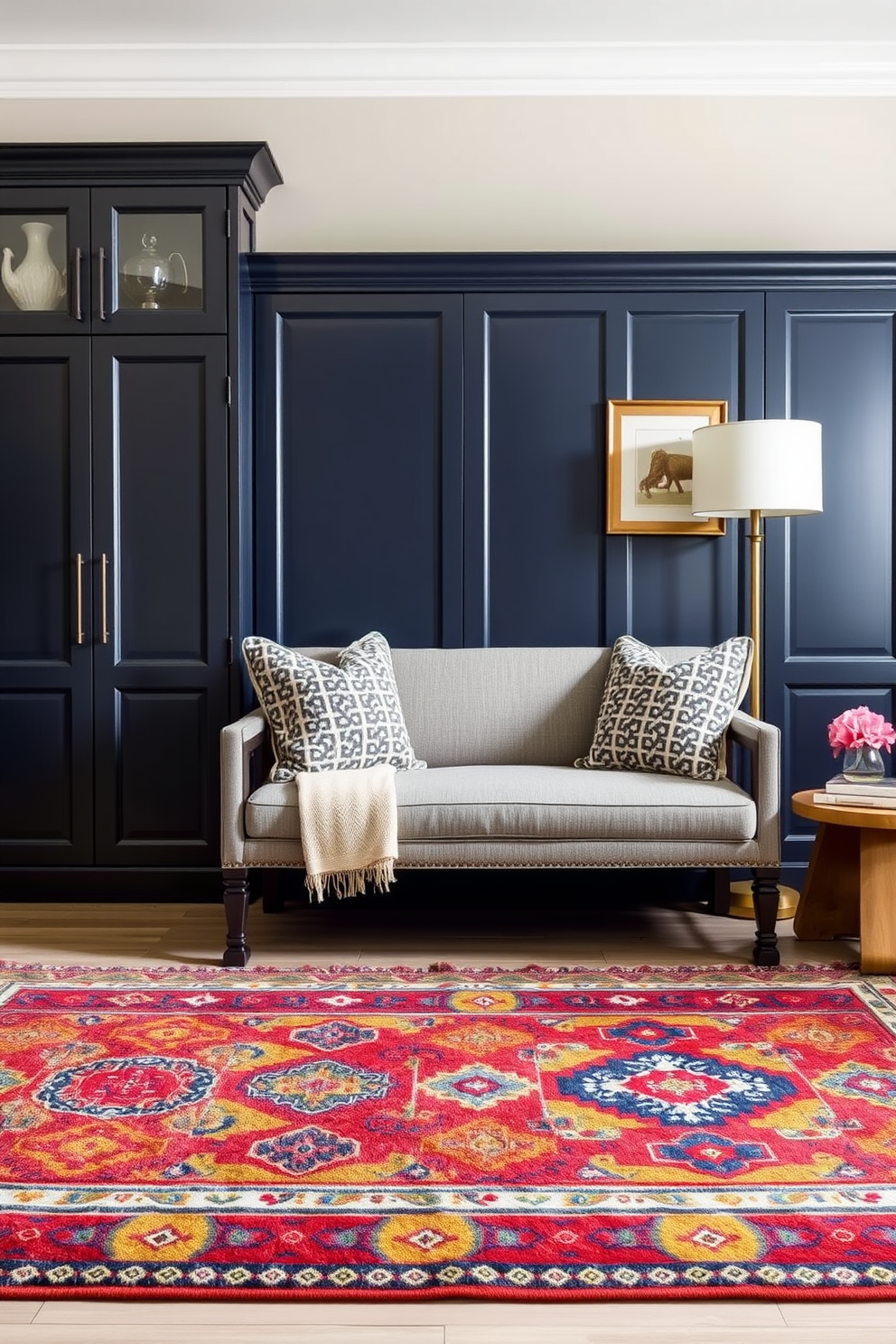 Colorful area rugs for comfort. Imagine a vibrant living room adorned with a large, plush area rug featuring intricate patterns in bold hues of red, blue, and yellow, creating a cozy focal point that invites relaxation. Luxury mudroom design ideas. Picture a spacious mudroom with elegant cabinetry in a rich navy finish, complemented by a stylish bench upholstered in soft gray fabric and adorned with plush cushions, providing both functionality and sophistication.