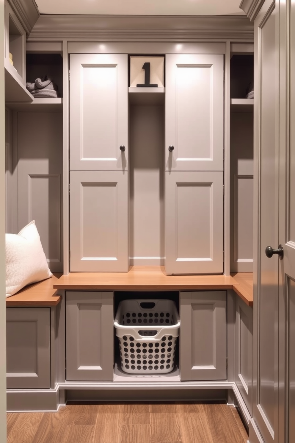 A luxury mudroom featuring a hidden laundry basket cleverly integrated behind a panel. The space includes built-in storage benches with plush cushions and elegant cabinetry in a soft gray finish.