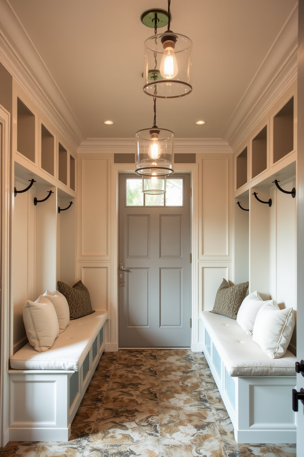 A luxurious mudroom features unique pendant lighting fixtures that create an inviting atmosphere. The space includes built-in benches with plush cushions, storage cubbies, and a stylish tile floor that complements the overall design.