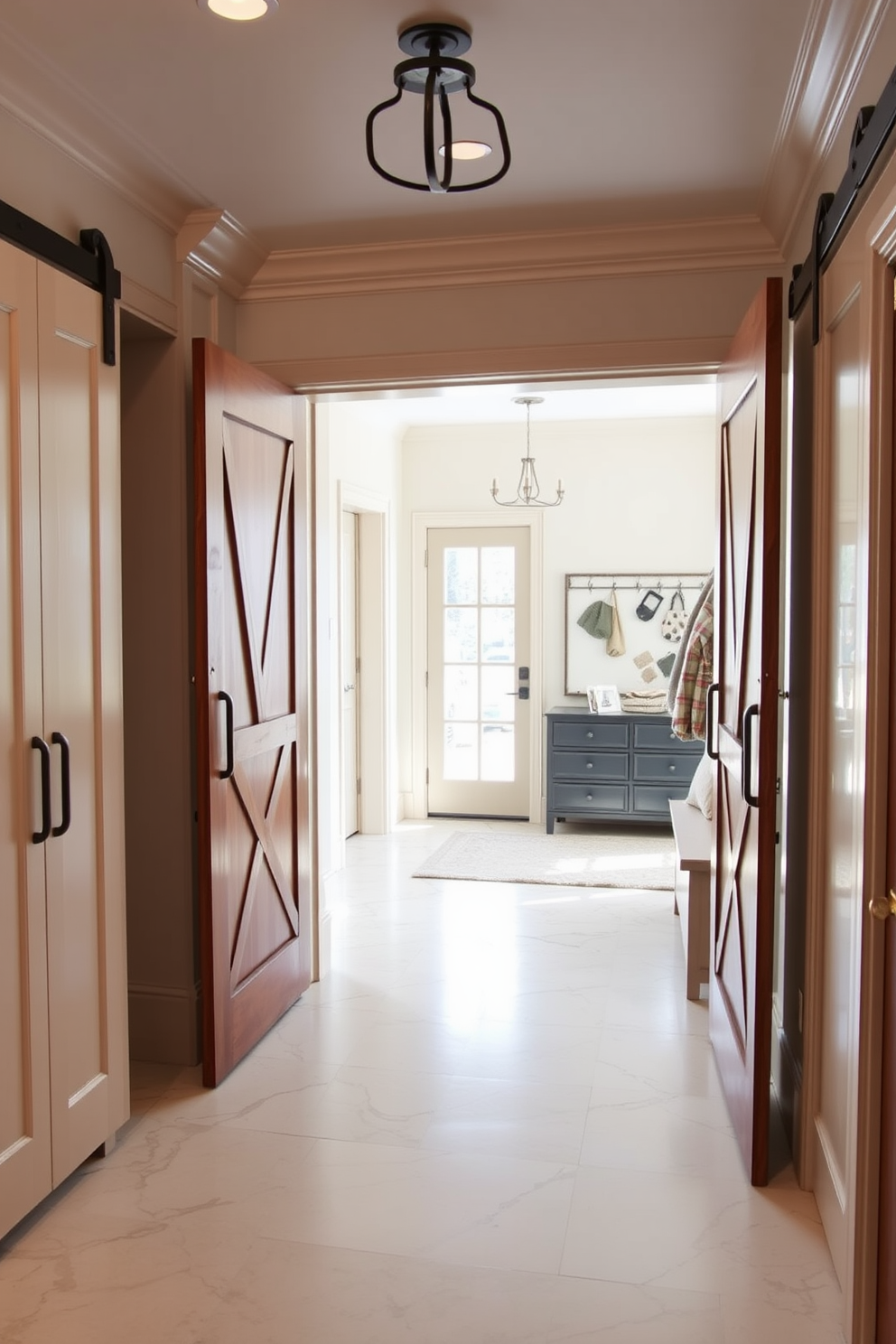 A luxurious mudroom featuring sliding barn doors that open to a spacious area. The floor is adorned with elegant patterned tiles, and a built-in bench with plush cushions provides a welcoming touch. On one side, there are custom cabinets for storage, painted in a soft neutral color. A stylish coat rack hangs above the bench, complementing the warm wooden accents throughout the space.