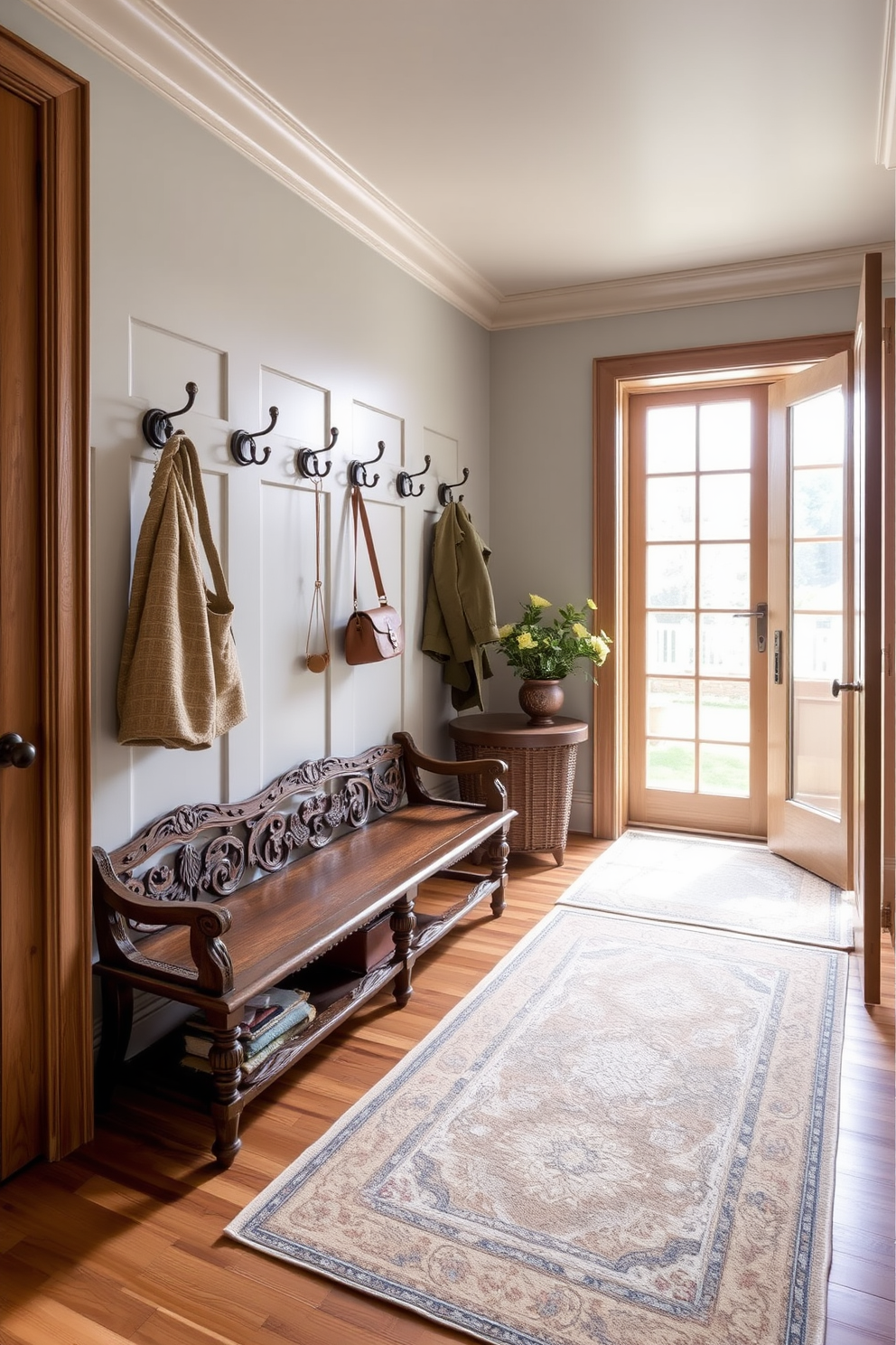 A luxurious mudroom features glass-paneled doors that invite ample natural light. The space is adorned with elegant storage solutions, including custom cabinetry and a stylish bench for convenience.